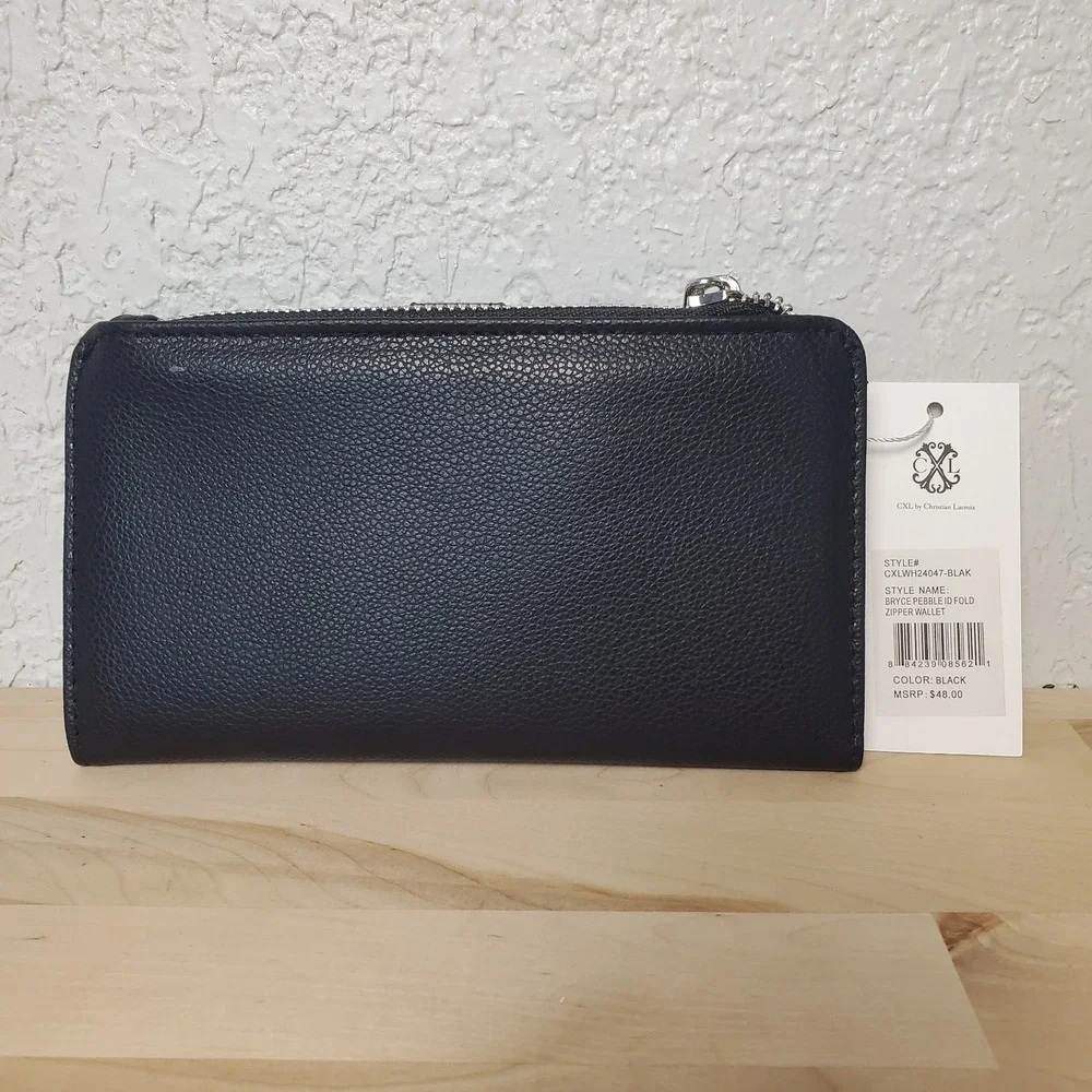 Christian Lacroix CLX Bryce Pebble ID Fold Zipper Wallet Wristlet Black NEW